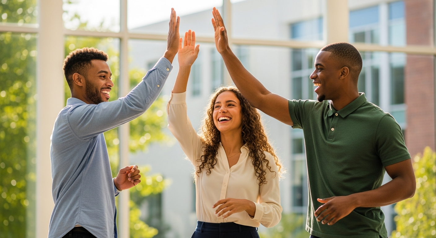 Happy students celebrating with high fives